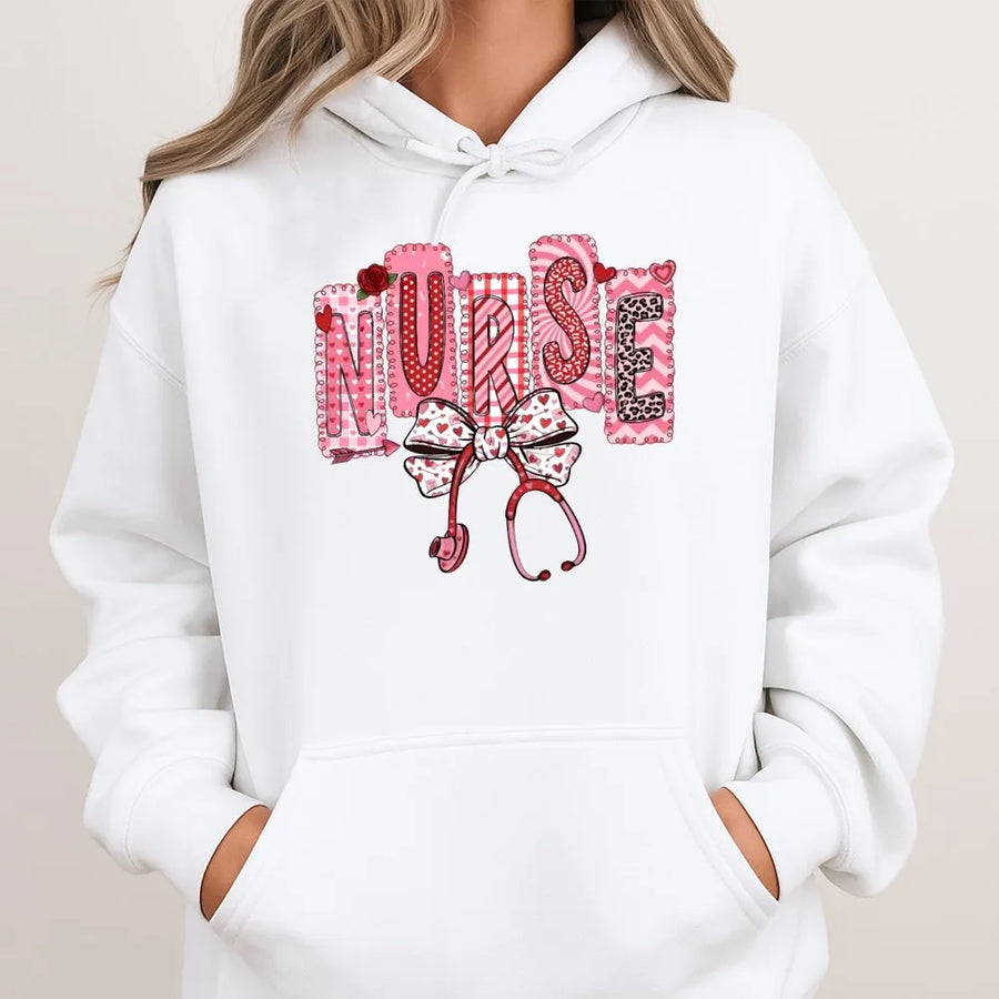 Nurse Valentine Hoodie | Coquette Aesthetic Stethoscope Bow Graphic | Premium Cotton Blend | Gift for Nursing Students and RNs