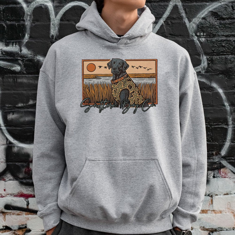 Black Labrador Hoodie | Marsh Hunting Dog Graphic | Premium Cotton Blend | Unisex Country Life Apparel Gift for Duck Hunter
