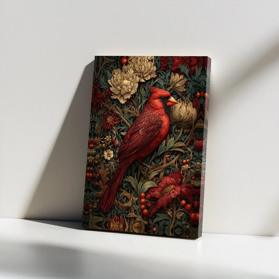 Red Cardinal Canvas Print | Arts and Crafts Style Botanical Art | Premium Gallery Wrap Canvas | Wall Decor Gift for Bird Lover