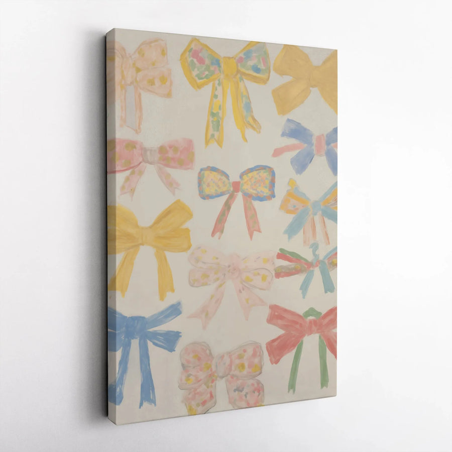 Pastel Bows Wall Art Canvas | Aesthetic Ribbon Illustration Print | Premium Gallery Wrapped Decor | Cute Girly Bedroom Aesthetic Gift