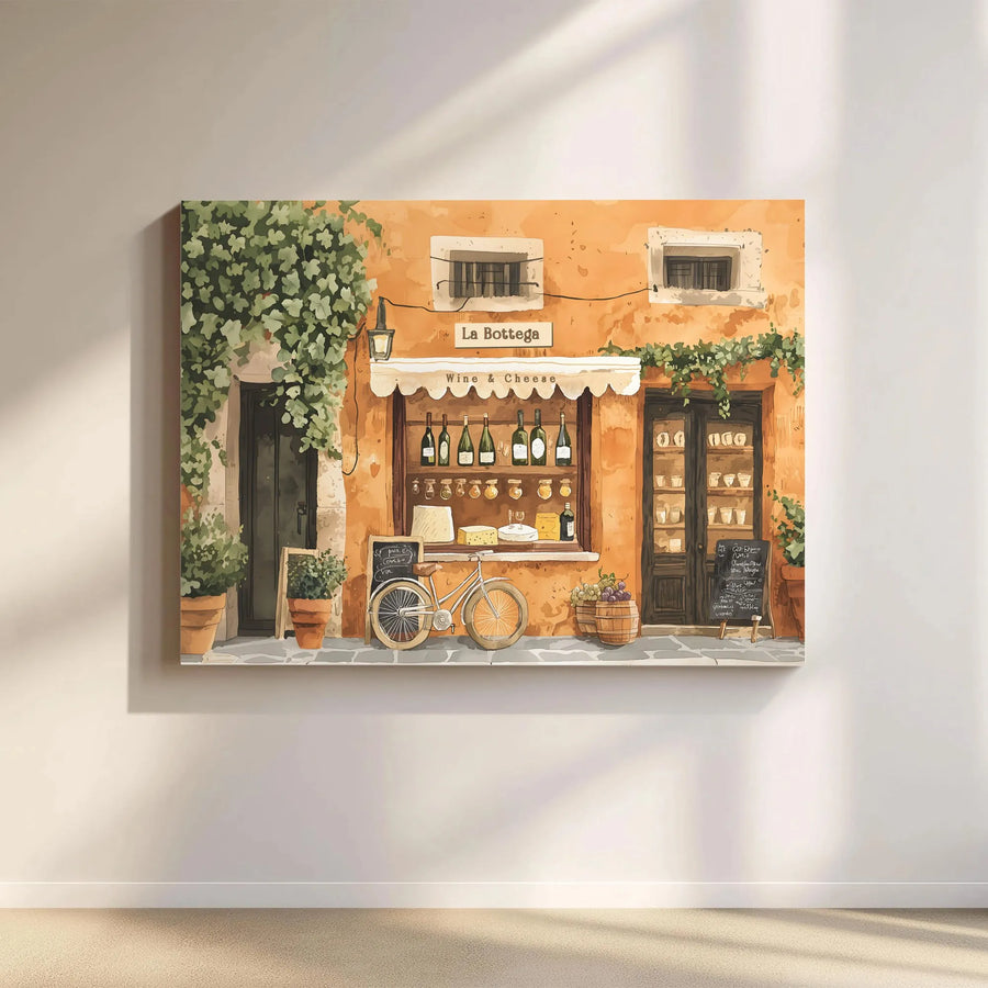 Italian Wine Shop Canvas Art | Tuscan Storefront Watercolor Print | Premium Gallery-Wrapped Wall Decor | Kitchen and Dining Room Gift