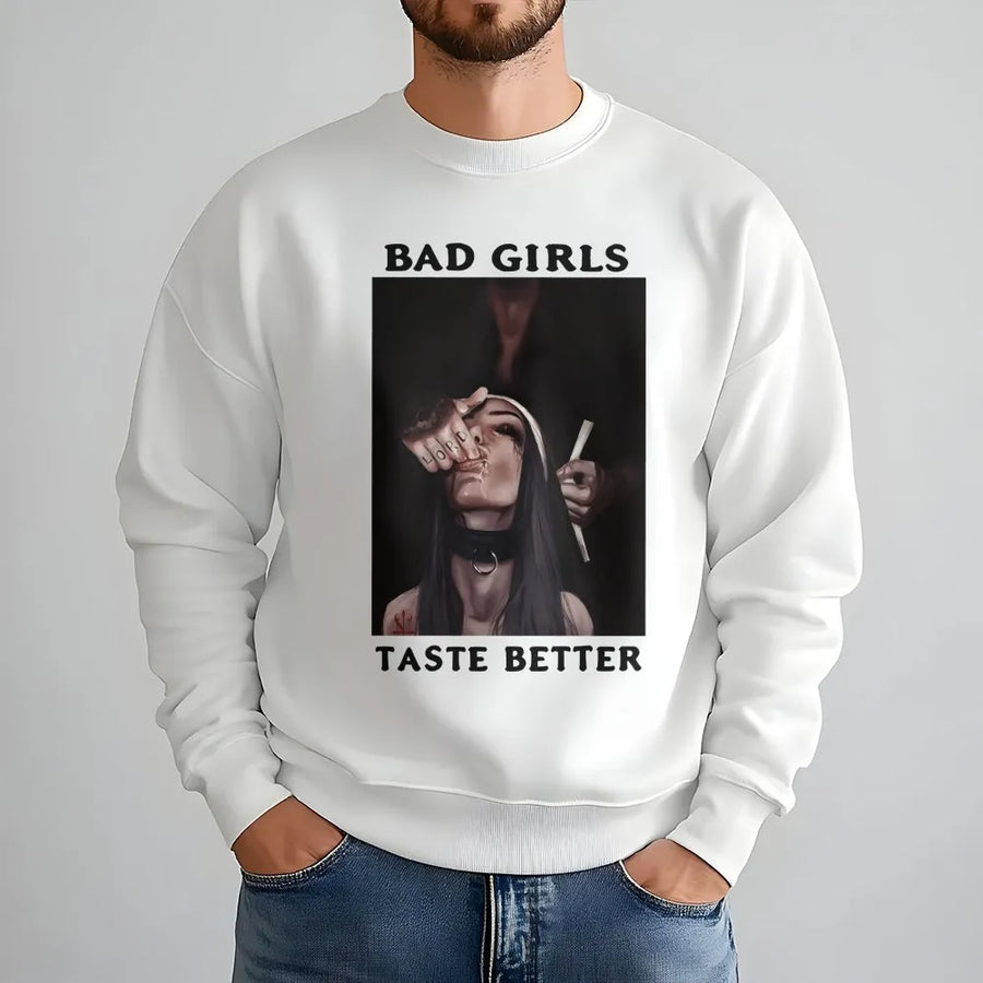 Bad Girls Taste Better Sweatshirt | Alternative Aesthetic Nun Graphic | Premium Cotton Blend Crewneck | Edgy Streetwear Gift for Men and Women