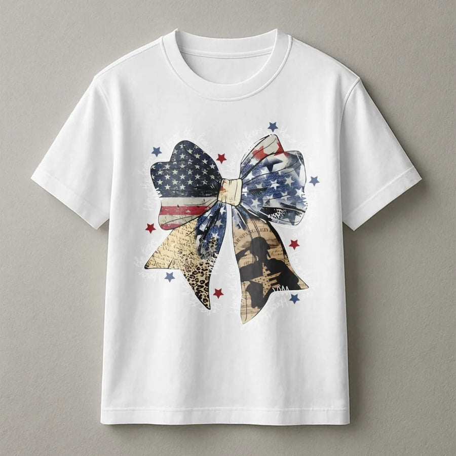 American Flag Bow T-Shirt | Patriotic Coquette Aesthetic | Premium Soft Cotton Tee | 4th of July Memorial Day Gift for Women