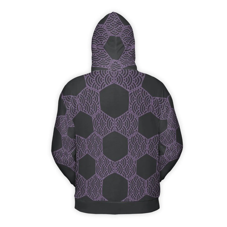 Japanese Wave Hexagon Hoodie | Geometric Purple Pattern All-Over Print | Premium Brushed Fleece Lining | Unisex Streetwear Gift for Men and Women