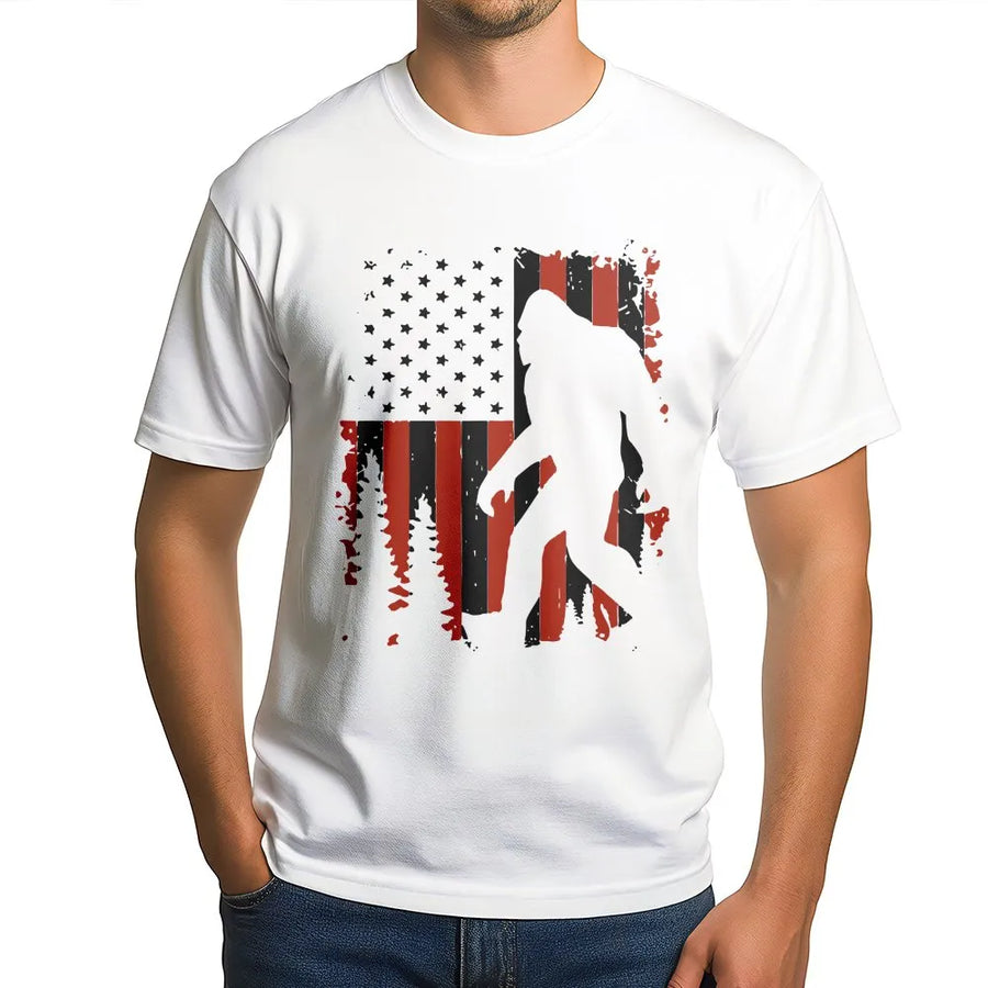Patriotic Bigfoot T-Shirt | Distressed American Flag Sasquatch Graphic | Premium Cotton Blend | Gift for Outdoor Adventure & Cryptid Fans