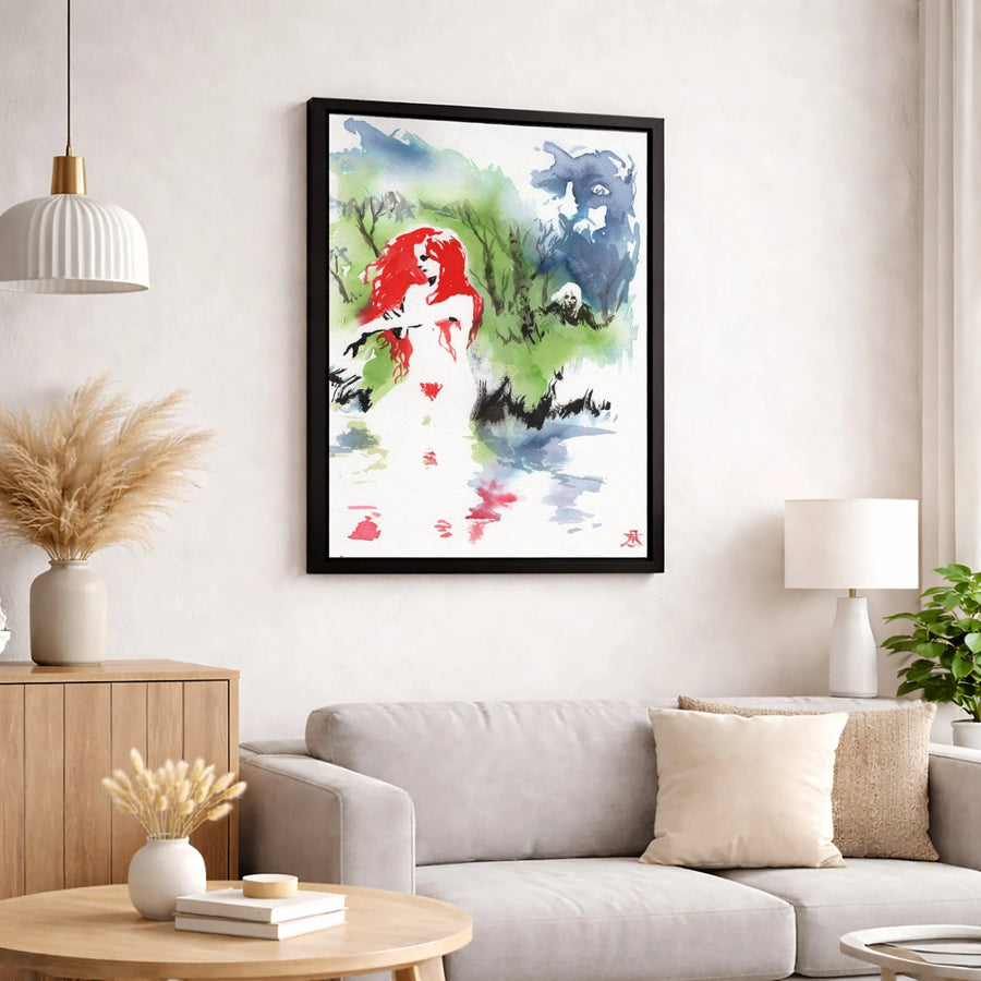 Gothic Horror Wall Art | Watercolor Red-Haired Woman & Forest Monster Print | 1.25-Inch Premium Canvas | Dark Fantasy Decor Gift