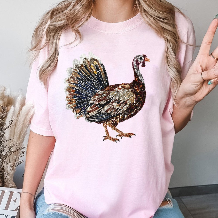 Turkey Graphic T-Shirt | Faux Rhinestone Thanksgiving Design | Premium 100% Cotton Tee | Festive Fall Holiday Gift for Men and Women