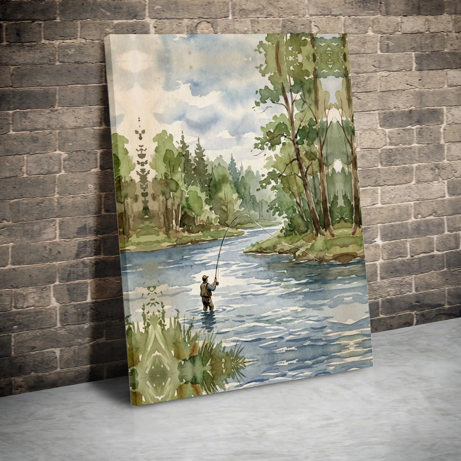Fly Fishing Canvas Wall Art | Watercolor River Landscape Print | Premium Framed Canvas | Gift for Angler Dad, Cabin Decor
