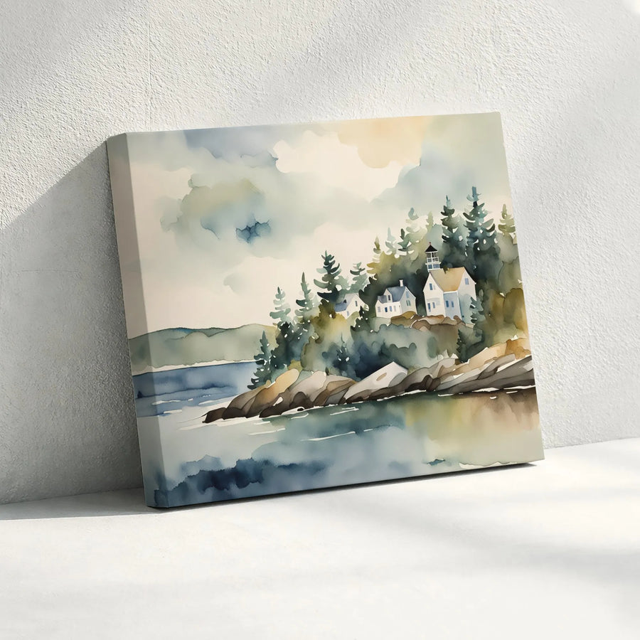 Coastal Village Canvas Wall Art | Watercolor Seaside Landscape Print | Premium Gallery Wrapped Canvas | Nautical Home Decor Gift for Living Room
