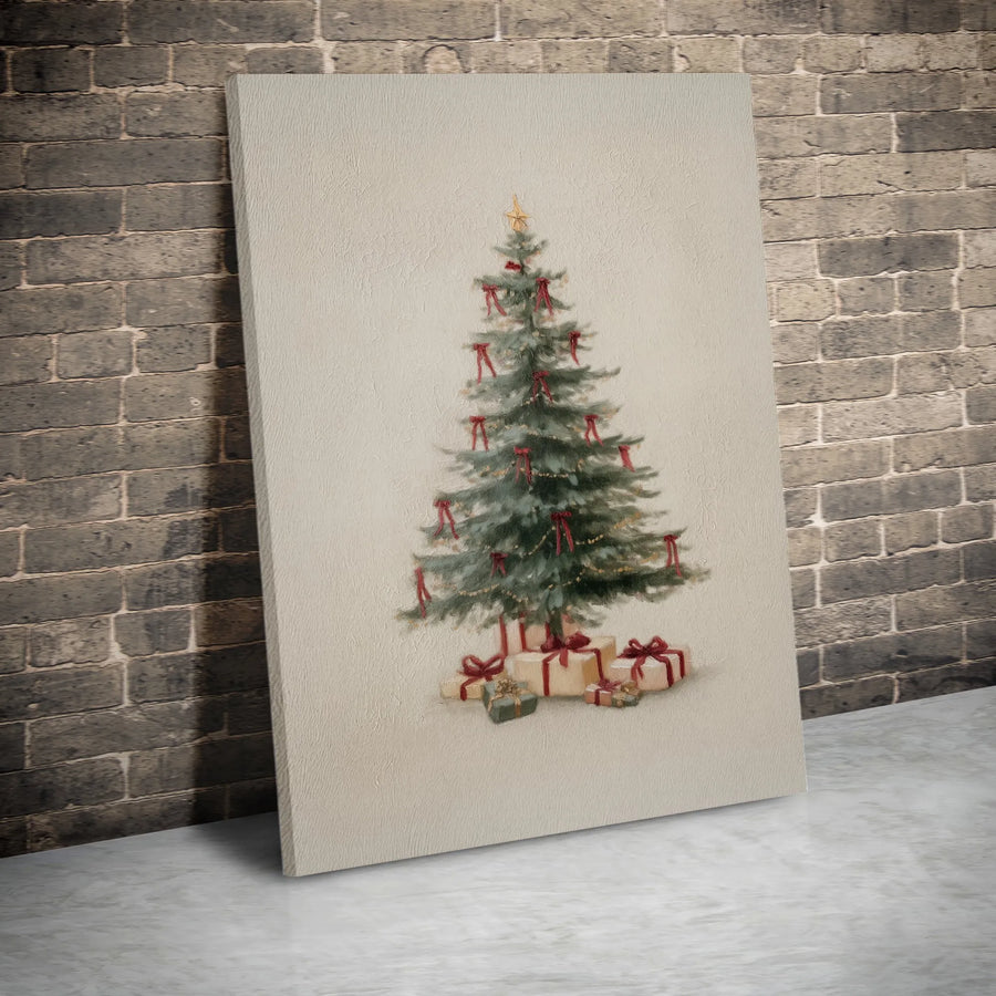 Vintage Christmas Tree Canvas Art | Watercolor Holiday Decor with Red Ribbons | Premium Gallery Wrap Print | Festive Wall Decor for Living Room