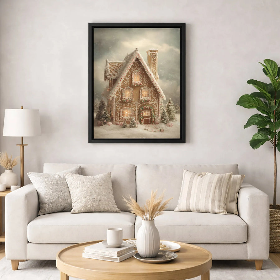 Gingerbread House Christmas Canvas Wall Art | Snowy Holiday Home Decor | Premium Fade-Resistant Print | Festive Seasonal Gift for Family