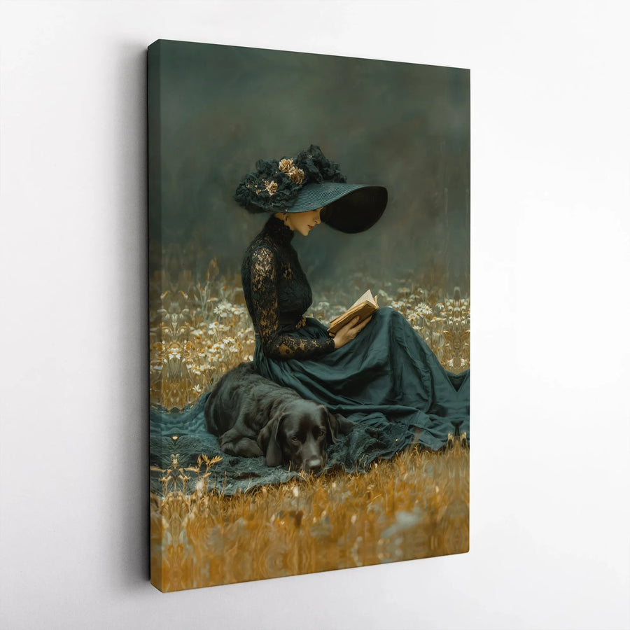 Victorian Woman Reading Wall Art | Dark Academia Aesthetic Print | Premium Gallery Wrapped Canvas | Gift for Book Lovers and Dog Owners