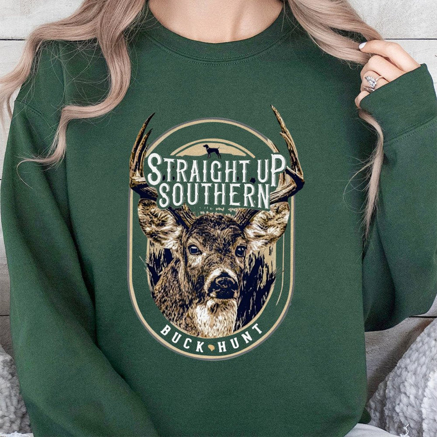 Deer Hunting Sweatshirt | Straight Up Southern Buck Graphic | Premium Cotton Blend Crewneck | Outdoor Country Lifestyle Gift for Hunters
