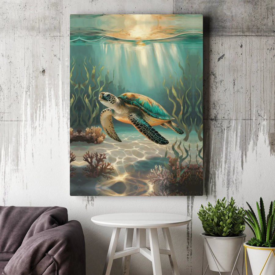 Sea Turtle Wall Art | Underwater Ocean Scene with Sun Rays | Gallery Wrapped Canvas | Coastal Decor for Home Office