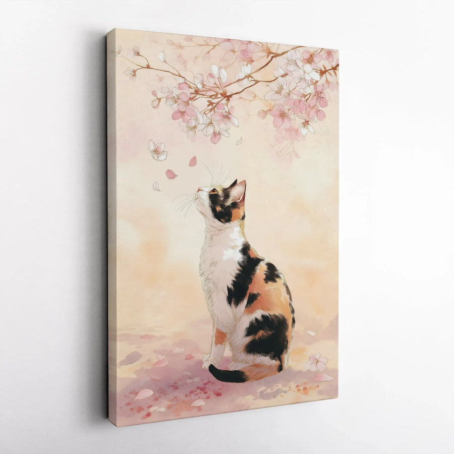 Calico Cat Canvas Wall Art | Watercolor Cherry Blossom Print | Premium Gallery Wrap Decor | Gift for Cat Lovers