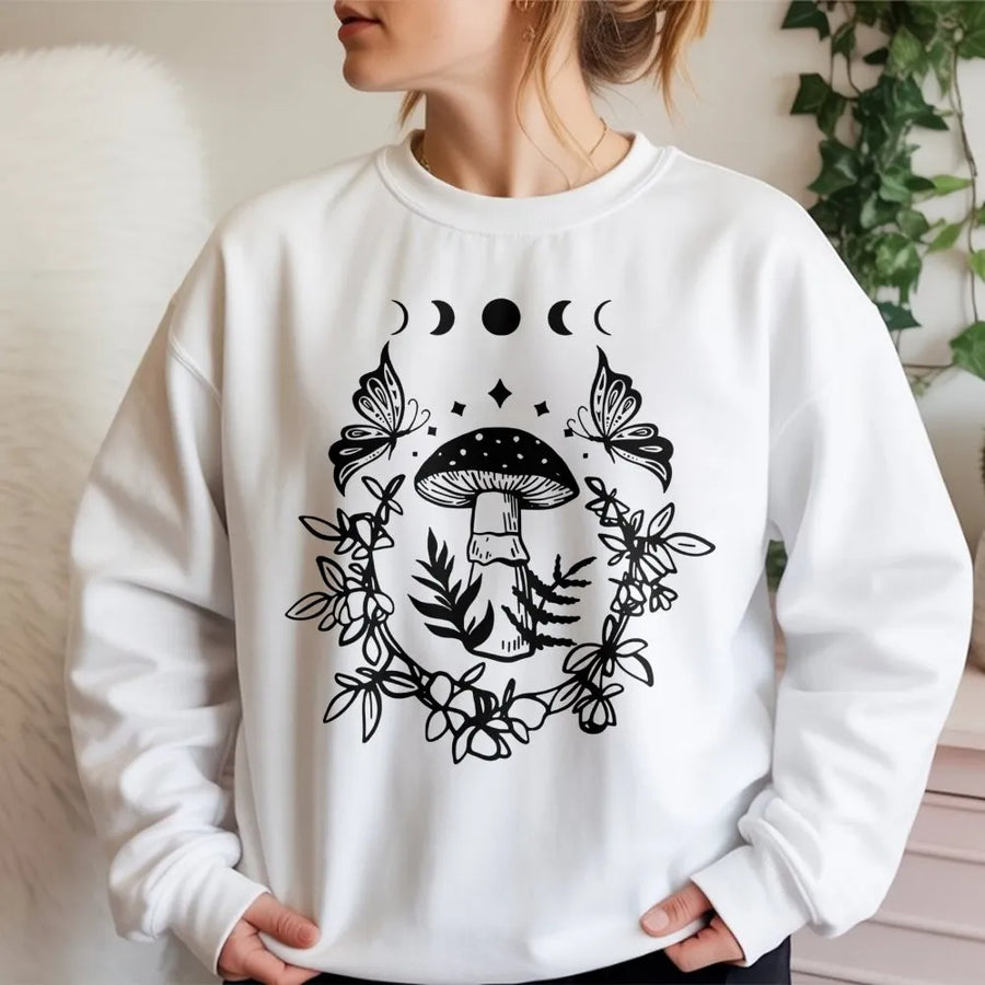Cottagecore Mushroom Sweatshirt | Celestial Butterfly Graphic | Premium Cotton Blend | Aesthetic Nature Lover Gift for Her