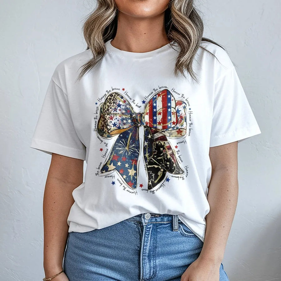 Patriotic Coquette T-Shirt | Honor The Brave American Flag Bow Graphic | Soft Unisex Crewneck | Memorial Day & 4th of July Military Gift
