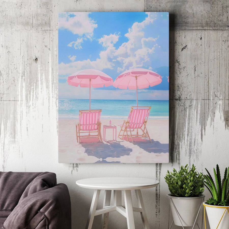 Pink Beach Chairs Canvas Wall Art | Relaxing Coastal Ocean Shore Decor | Premium Gallery Wrap Print | Summer Aesthetic Gift for Beach Lovers