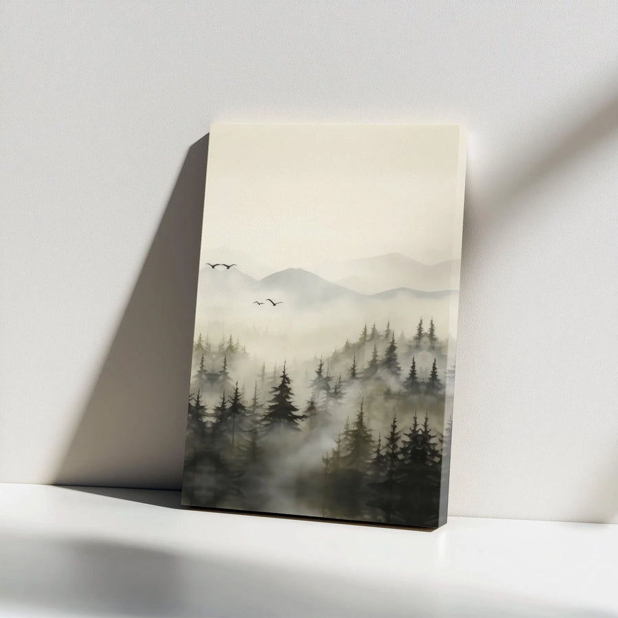 Misty Mountain Forest Canvas Wall Art | Watercolor Pine Tree Landscape | Premium Gallery Wrap Print | Modern Nature Decor for Living Room