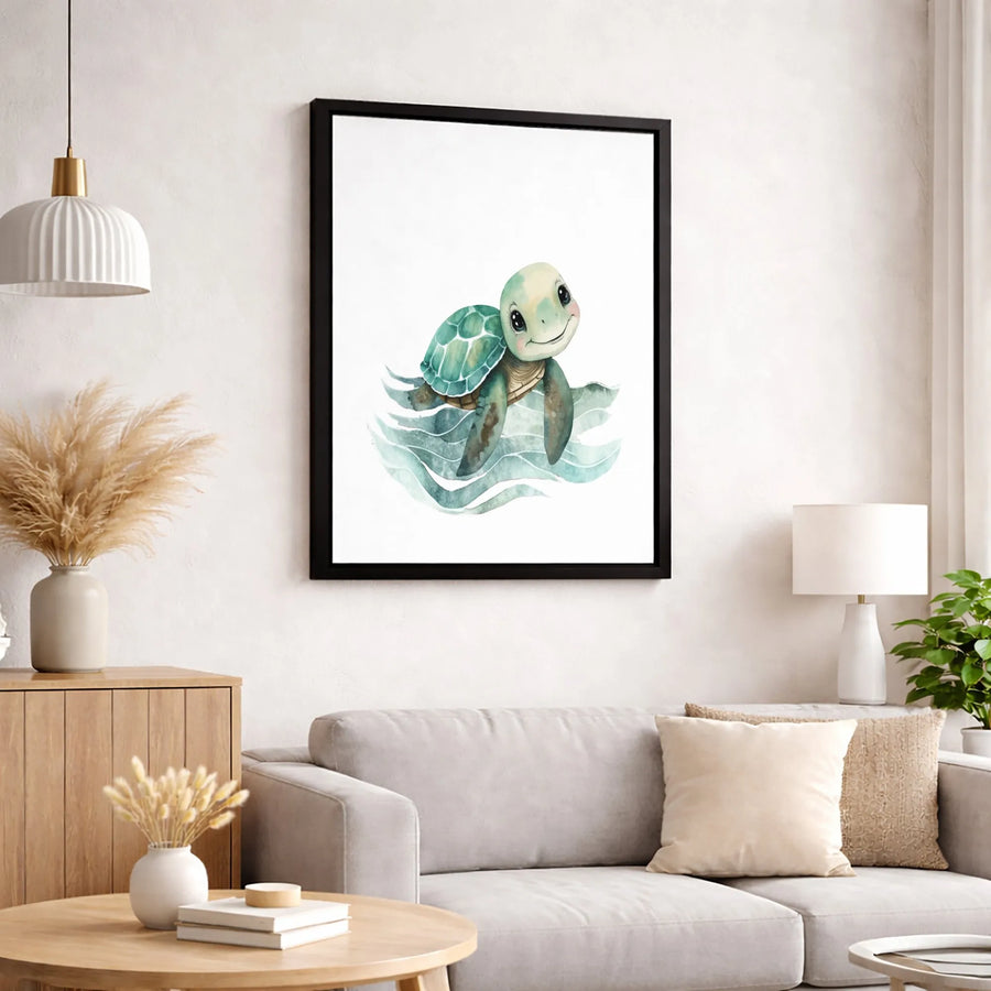 Cute Sea Turtle Wall Art | Watercolor Ocean Animal Illustration | Gallery Quality Stretched Canvas | Nursery Decor or Ocean Lover Gift