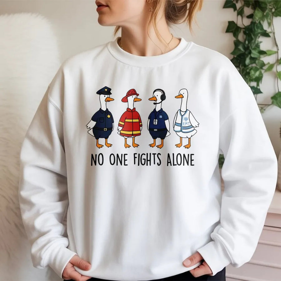 Emergency Responder Duck Sweatshirt | No One Fights Alone Graphic | Premium Cotton Blend | Funny First Responder Gift for Firefighter Police EMT