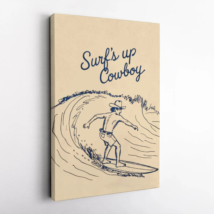 Surf's Up Cowboy Canvas Print | Minimalist Line Art Illustration | Premium Thick Gallery Wrap | Coastal Wall Art Gift for Surfer