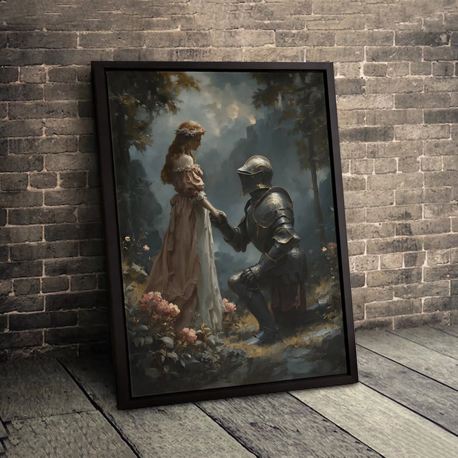 Knight Kneeling Before Princess Canvas | Romantic Medieval Fantasy Wall Art | Premium Gallery Wrapped Print | Wedding Anniversary Gift for Her