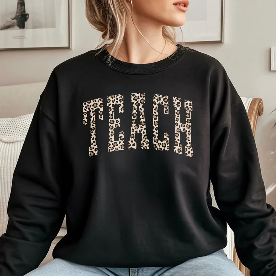 Leopard Teacher Sweatshirt | Cheetah Print Varsity 'Teach' Design | Premium Soft Cotton | Appreciation Gift for Educators