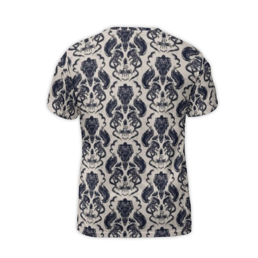 Gothic Skull Damask T-Shirt | Victorian Horror Pattern All-Over Print | Premium Polyester Spandex Blend | Edgy Alternative Streetwear Gift