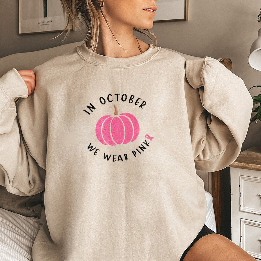 In October We Wear Pink Sweatshirt | Breast Cancer Awareness Pumpkin Design | Premium Cotton Blend Fleece | Supportive Gift For Survivors And Supporters