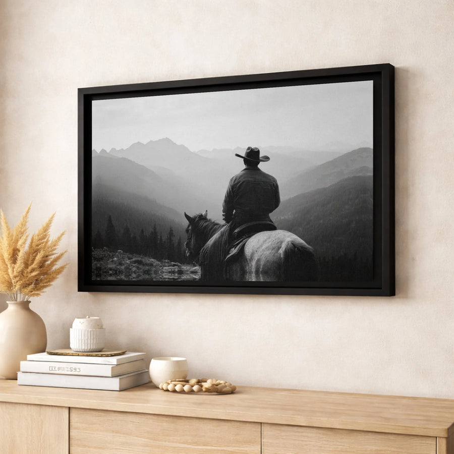 Western Cowboy Wall Art | Black and White Mountain Landscape | Gallery Quality Canvas Print | Rustic Home Decor Gift for Him
