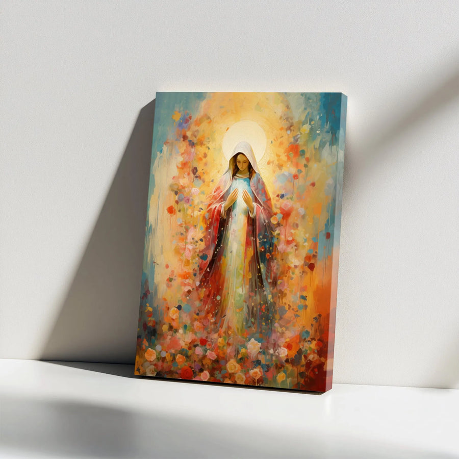 Virgin Mary Canvas Wall Art | Impressionist Floral Portrait | Premium Gallery Wrap Decor | Religious Home Gift for Faithful