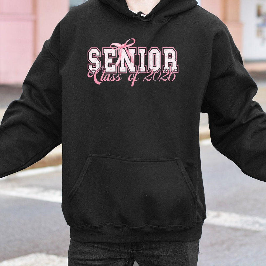 Senior Class Of 2026 Hoodie | Cute Pink Bow Varsity Graphic | Premium Cotton Blend Pullover | Graduation Gift For High School College Students