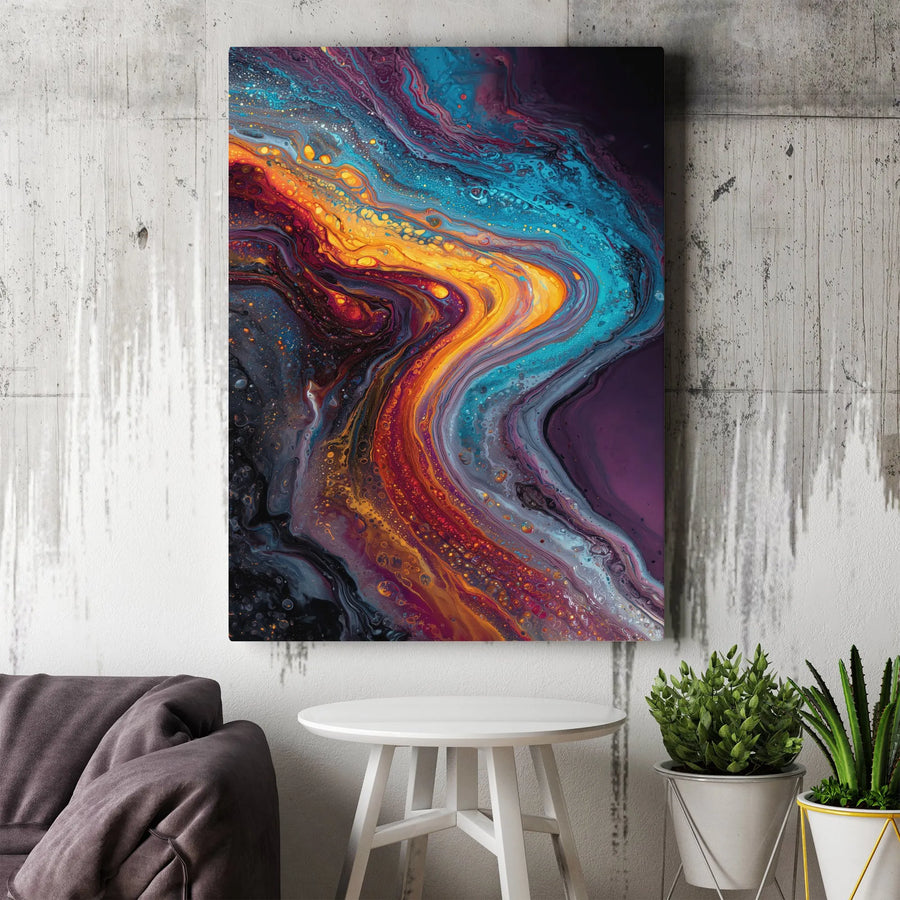 Abstract Fluid Art Vertical Canvas | Vibrant Orange and Blue Marble Swirl | Premium 1.25" Thick Gallery Wrap | Modern Home Office Wall Decor