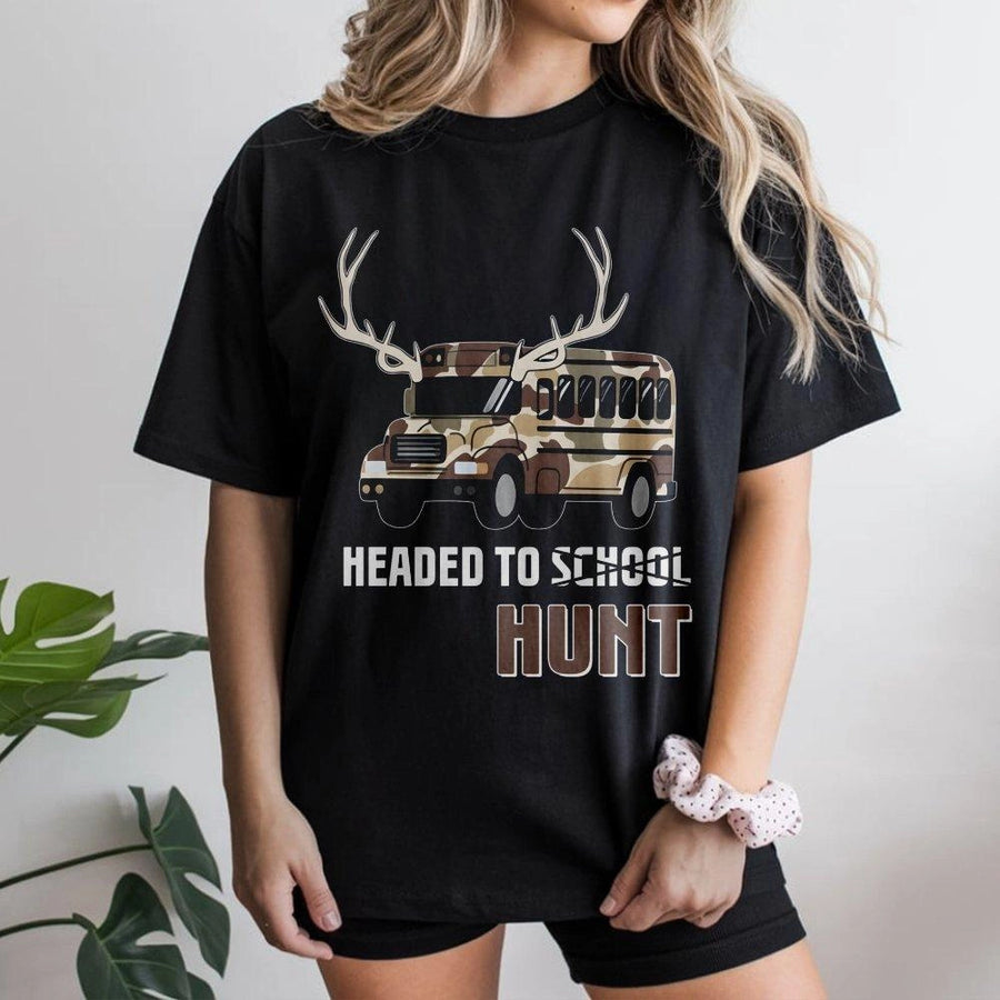 Headed To Hunt T-Shirt | Camo School Bus Deer Antler Design | 100% Cotton Premium Tee | Country Boy Back To School Hunting Gift