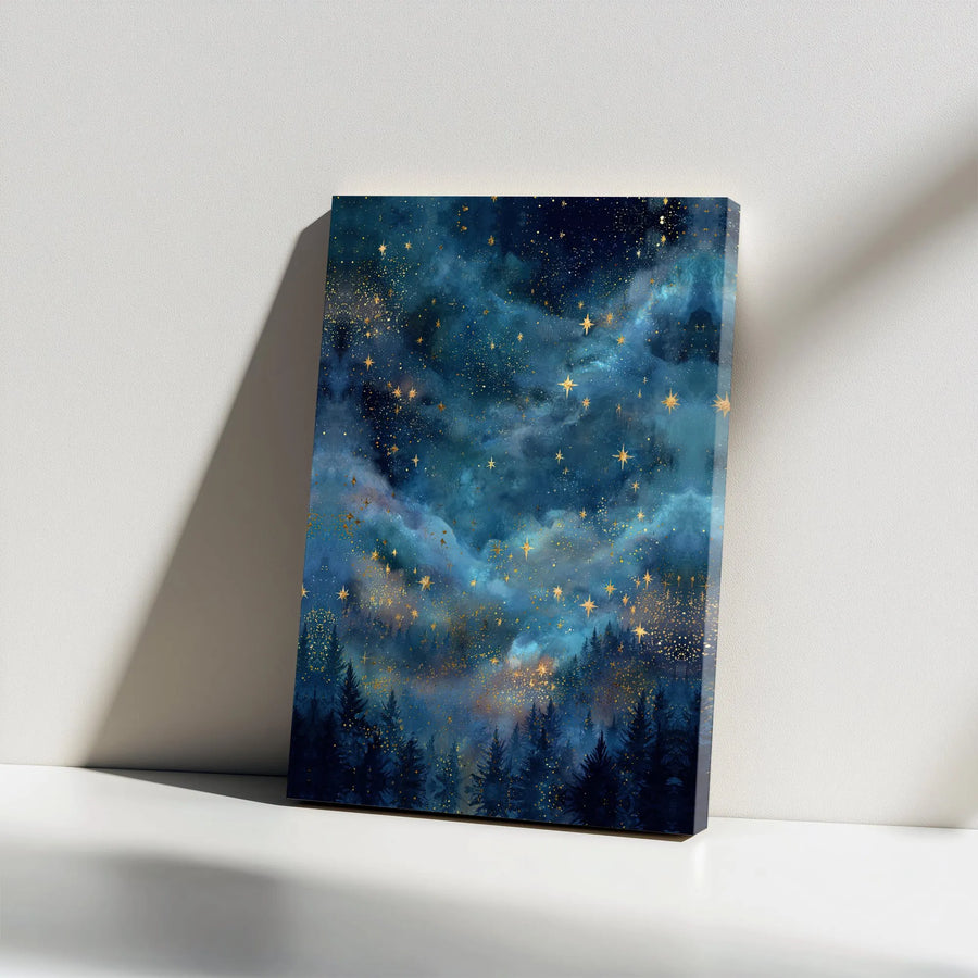 Starry Night Forest Canvas Print | Watercolor Galaxy with Gold Stars | Premium Gallery Wrap Canvas | Abstract Nature Art Gift for Home