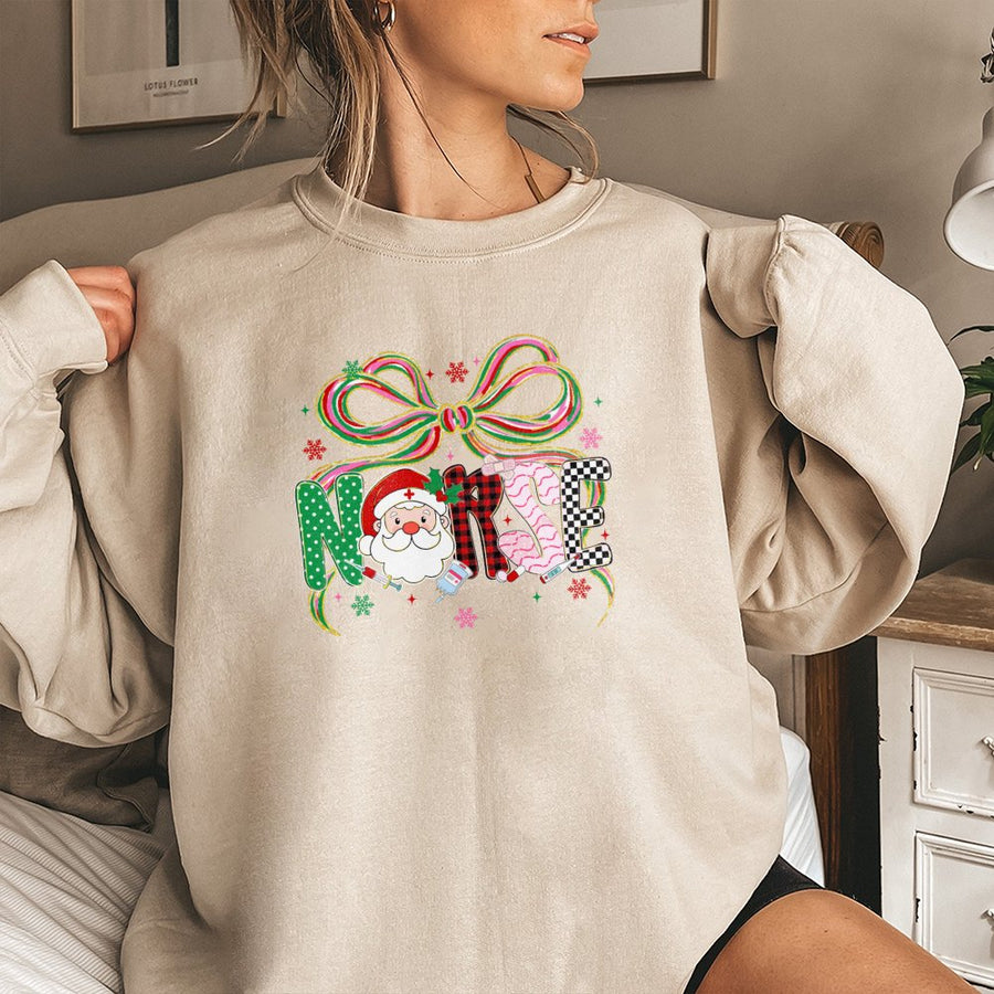 Christmas Nurse Sweatshirt | Santa Coquette Bow Graphic | Premium Cotton Blend | Holiday Nursing School Gift for RN LPN CNA