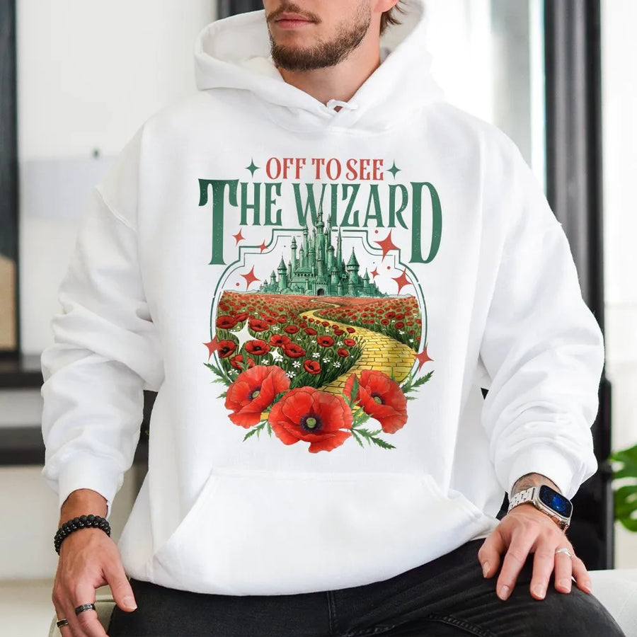 Wizard City Graphic Hoodie | Yellow Brick Road Poppy Field Art | Premium Cotton Blend | Retro Fantasy Book Lover Gift