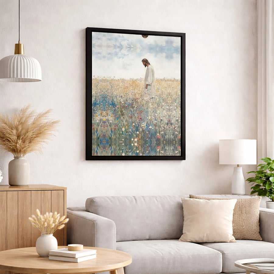Jesus Walking In Wildflowers Canvas Print | Spiritual Landscape Wall Art | Gallery Wrapped Premium Quality | Christian Home Decor Gift