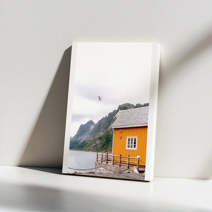 Yellow Cabin Canvas Wall Art | Scenic Norwegian Fjord Landscape Photography | Premium Gallery-Wrapped Print | Modern Nordic Home Decor Gift