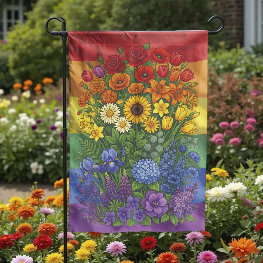 Rainbow Floral Pride Garden Flag | Double Sided LGBTQ+ Flowers Yard Decor | Premium Weather-Resistant Polyester Banner | Vibrant Outdoor Summer House Warm Gift