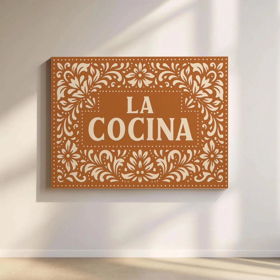 La Cocina Canvas Wall Art | Vintage Floral Folk Art Print | Premium Gallery Canvas | Rustic Spanish Kitchen Decor Gift