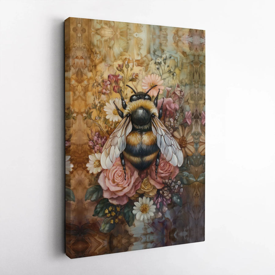 Bumblebee Floral Canvas Wall Art | Vintage Botanical Bee Oil Painting Print | Gallery Wrap Home Decor | Premium Nature Gift For Her