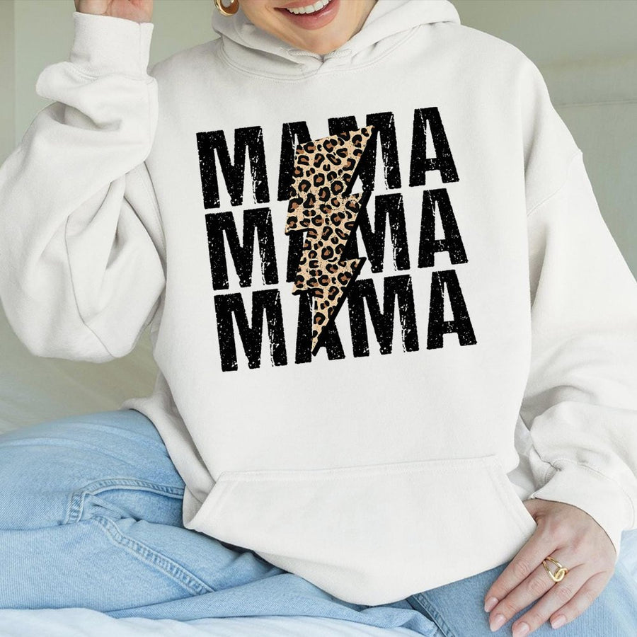 Mama Hoodie Leopard Lightning Bolt | Distressed Graphic Print | Cotton-Blend Premium Comfort | Unique Mother's Day 2026 Gift for Mom