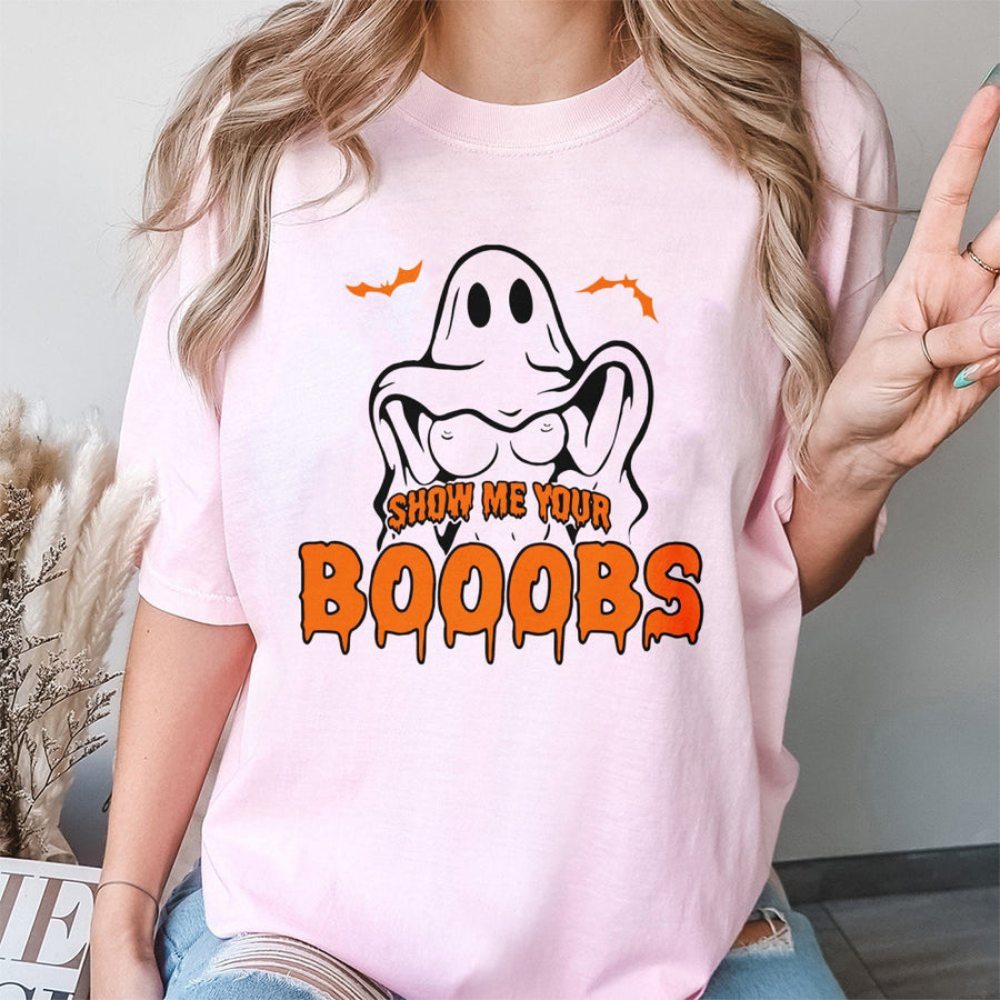 Funny Halloween Ghost T-Shirt | Show Me Your Booobs Graphic Tee | Premium Cotton Unisex Shirt | Witty Spooky Party Gift for Adults