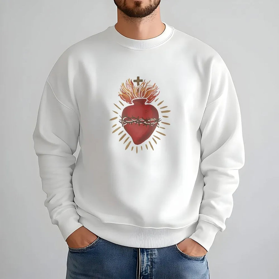 Sacred Heart Sweatshirt | Burning Heart Crown Of Thorns Graphic | Premium Cotton Blend | Religious Faith Gift For Him And Her