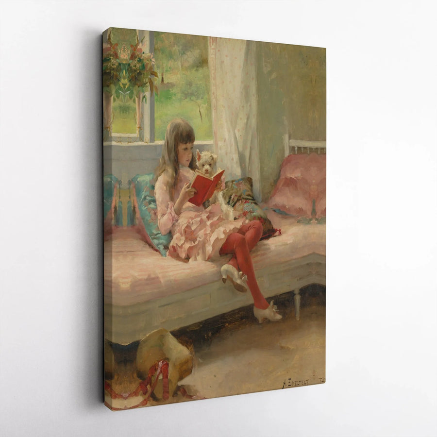 Girl Reading With Dog Canvas Wall Art | Albert Edelfelt Vintage Oil Painting Print | Premium Gallery Wrapped Decor | Classic Fine Art Gift