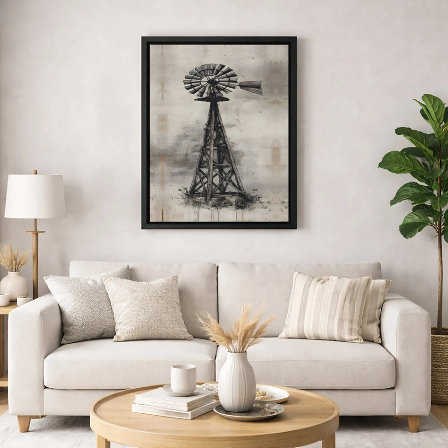 Rustic Windmill Wall Art | Vintage Farmhouse Sketch Print | Premium Gallery Wrapped Canvas | Country Home Decor Gift