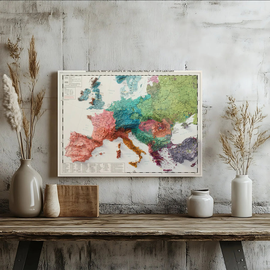 Linguistic Map of 19th Century Europe | 3D Shaded Relief Historical Cartography | Premium Gallery-Wrapped Canvas | Wall Art for History Buffs & Educators