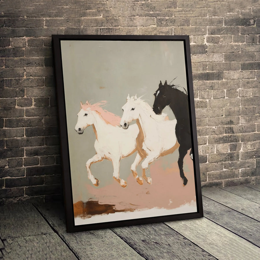 Running Horse Canvas Wall Art | Abstract Equine Trio Painting | Premium Gallery Wrapped Print | Modern Farmhouse Living Room Decor Gift